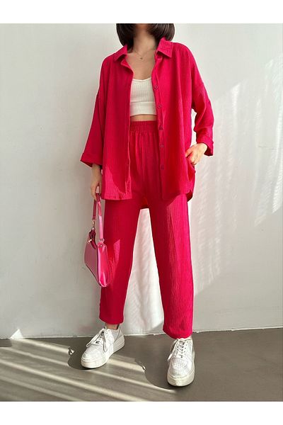 BEJNA Set cămașă pentru femei fucsia cu mânecă dublă de jos