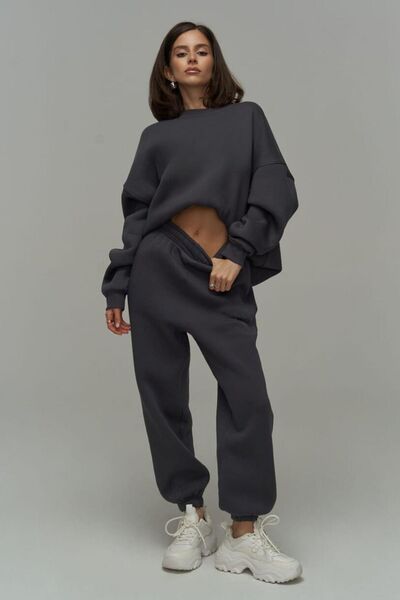 YAKAMEL SET DE PENEȚI DE DAMĂ CU GULER ROTUND, CULOARE FUME, STIL JOGGER *COL...