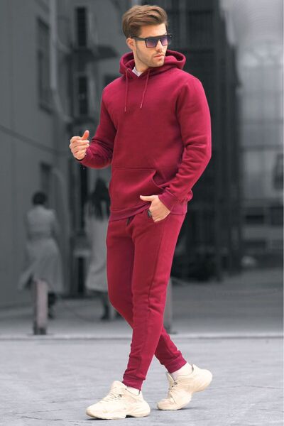 YAKAMEL Men's Red Hoodie Puff Inside 3 Thread Raised Cotton Tracksuit Set wit...