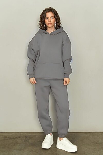 YAKAMEL Γκρι Σετ Φόρμας με Ελαστικό Ψηλόμεσο Ύφασμα 3 Κλωστών - Με Κουκούλα