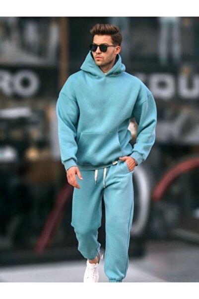 YAKAMEL Men's Coral Blue Hooded 3 Thread Raised Tracksuit with Elastic Legs