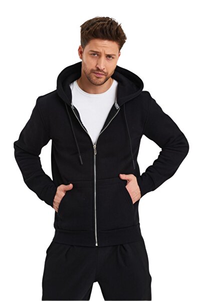 YAKAMEL Unisex SİYAH Tam Fermuarlı Hırka Sweatshirt Kapşonlu Kanguru Cepli Kadın Erkek