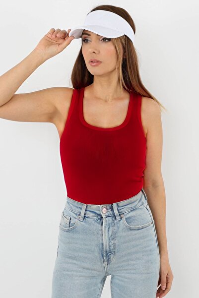 YAKAMEL Γυναικείο Κόκκινο Πλεκτό Τοπ με Κορδόνια - Με Χοντρά Λουράκια