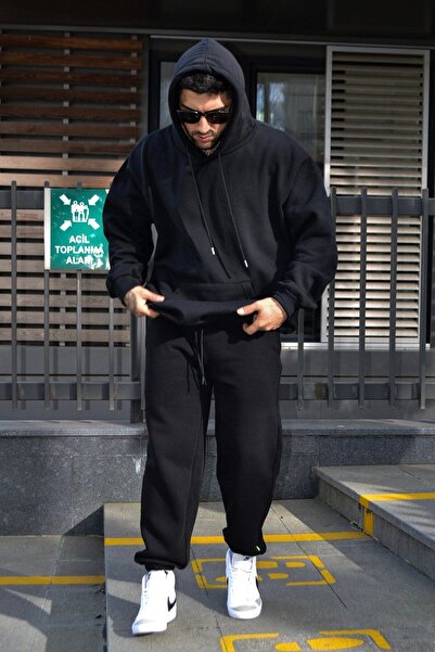 YAKAMEL ERKEK KIŞLIK EŞOFMAN TAKIMI SİYAH  3 İPLİK İÇİ POLARLI OVERSİZE