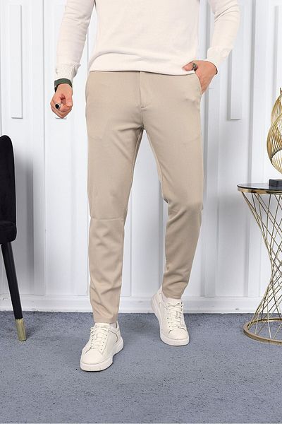 YAKAMEL High Waist Pocket Stretch Fabric - Beige Slim Fit Men's Fabric Trousers