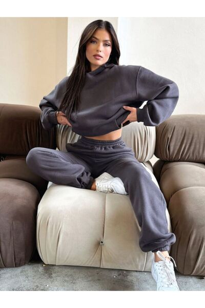 YAKAMEL Γυναικείο σετ φόρμας με κουκούλα και 3 κλωστές, καπνιστό, oversized