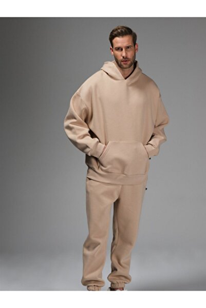 YAKAMEL Set de trening cu glugă pentru bărbați, bej, cu picior elastic, 3 fir...