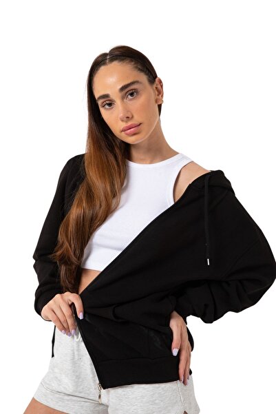 YAKAMEL Unisex SİYAH Tam Fermuarlı Hırka Sweatshirt Kapşonlu Kanguru Cepli Kadın Erkek