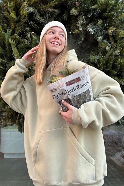 YAKAMEL Hanorac de damă bej, cu glugă, tip oversize, cu imprimeu, OB