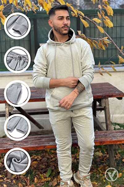 YAKAMEL Set de trening gri cu glugă, buzunar cangur și picior elastic supradi...