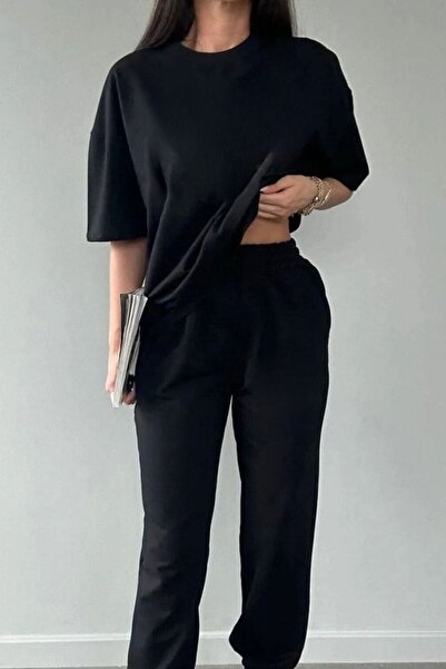 YAKAMEL Μαύρο γυναικείο σετ άνετων πιτζάμες από χτενισμένο βαμβάκι