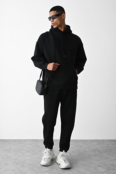 YAKAMEL Set de trening pentru bărbați, oversize, negru, cu 3 fire, cu glugă