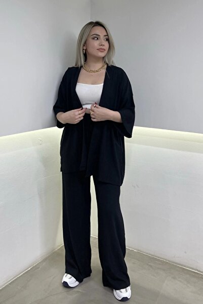YAKAMEL Set kimono de vară drapat negru - Femei