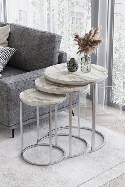 ED Efelez Design Zigon Sehpa , Paris 3'lü C Zigon Sehpa Takımı , Gümüş Metal - Beyaz Mermer Tabla