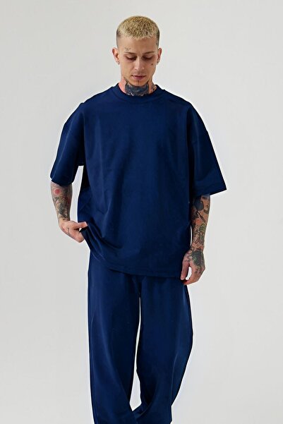 YAKAMEL Erkek Lacivert Batik Oversize T-shirt Ve Eşofman Altı Pijama Takımı