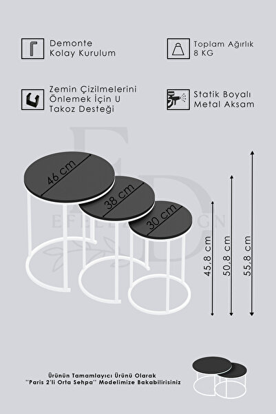 ED Efelez Design Zigon Sehpa , Paris 3'lü C Zigon Sehpa Takımı , Gümüş Metal - Beyaz Mermer Tabla