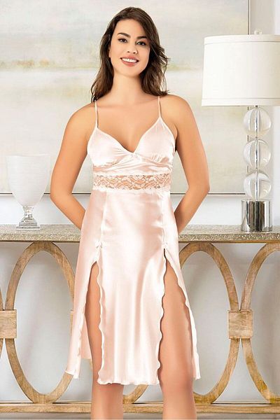 FAAL Cămașă de noapte cu detaliu din dantelă din satin Set dublu 2624 Pulbere lungime midi