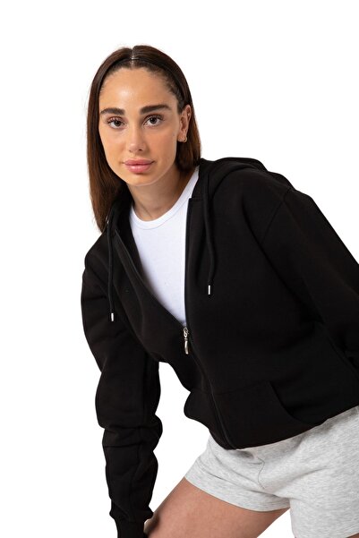 YAKAMEL Unisex SİYAH Tam Fermuarlı Hırka Sweatshirt Kapşonlu Kanguru Cepli Kadın Erkek