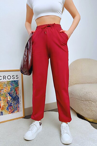 YAKAMEL Kadın Kırmızı Lastikli Bel Jogger Eşofman Altı Puf 3 iplik İpli Yüksek Bel