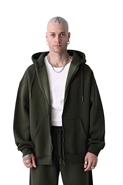 YAKAMEL Erkek Basic HAKİ Unisex Tam Fermuar Sweatshirt Hırka