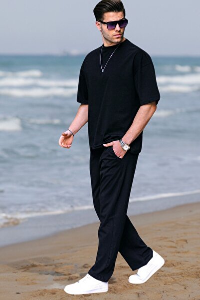 OKULCUBABA Erkek Siyah Oversize Kısa Kollu Yazlık Eşofman Takımı