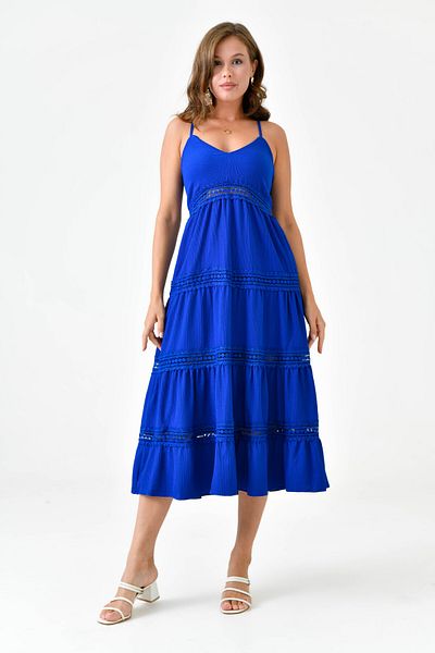 WOMAN VISION Rochie midi Saks - Gipe și Guipure, decolteu în V, curea reglabilă 10750