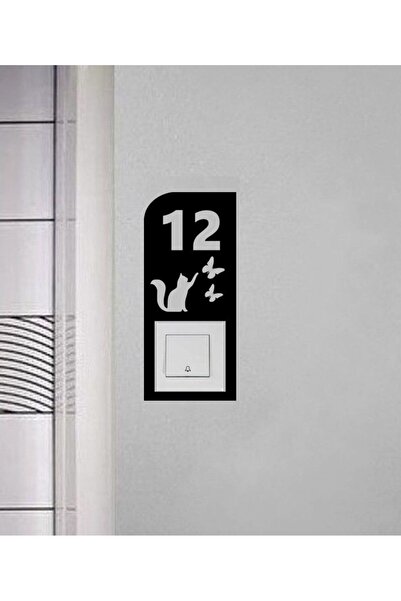 Şirin Lazer KEDİ DAİRE KAPI NUMARASI ZİL ÇERÇEVESİ AHŞAP MDF DEKOR 25 cm