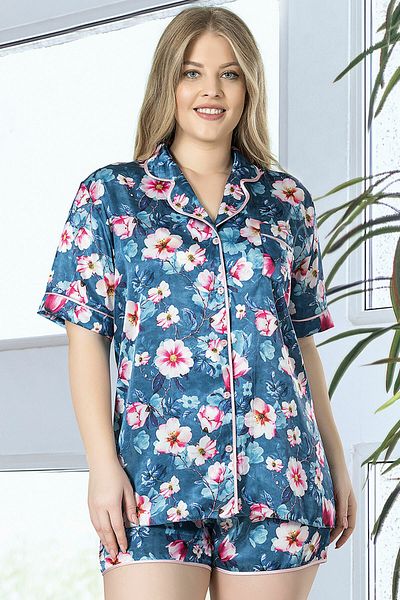 VİENETTA Σετ Πυτζάμες Σατέν Plus Size - Κοντό μανίκι, σορτς με κουμπιά