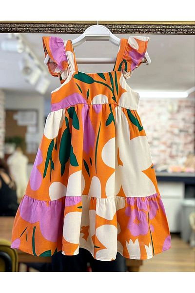 eladamoda Orange Multicolored Linen Dress with Low-cut Detail on the Back