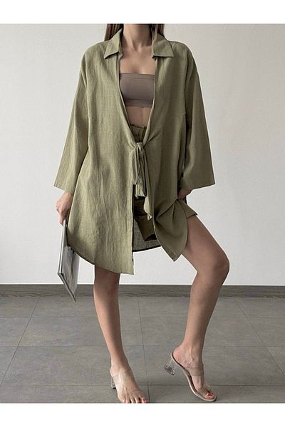 votre bonn couture Damen-Kimono-Hemd aus importiertem, hochwertigem, khakifarbenem Leinenstoff