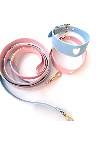 Pawsim LOVE SERİSİ , KALP DETAYLI KÖPEK TASMASI + GEZDİRME KAYIŞI SET ( MAVİ )