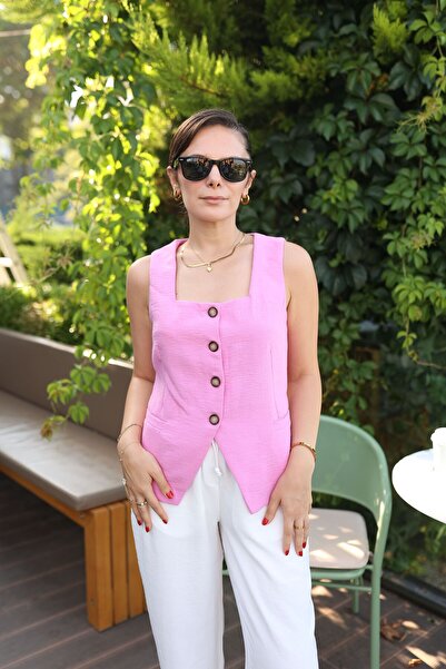 kavuniciatelier Keten Kumaş Ayarlanabilir Kemerli Yelek