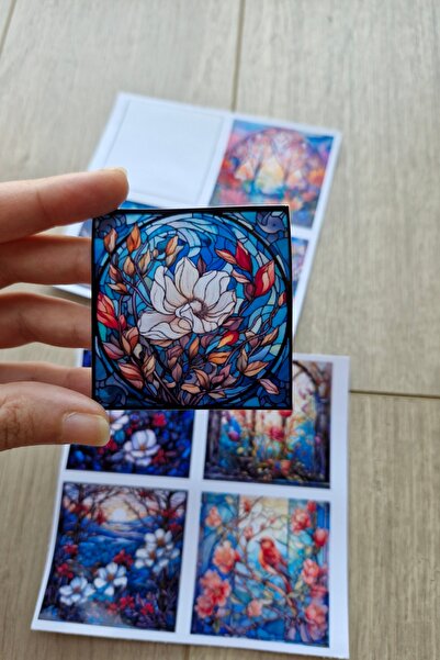 Mona Craftist 8 Adet Vitray Beyaz Çiçek Sticker Seti Bullet Journal Laptop Termos Renkli Cam Kare Sticker