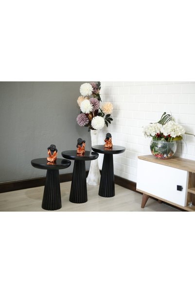 Simillo Home&Living Ahşap 3'lü Set Siyah Renk Fitilli Mantar Yan Sehpa Modern...