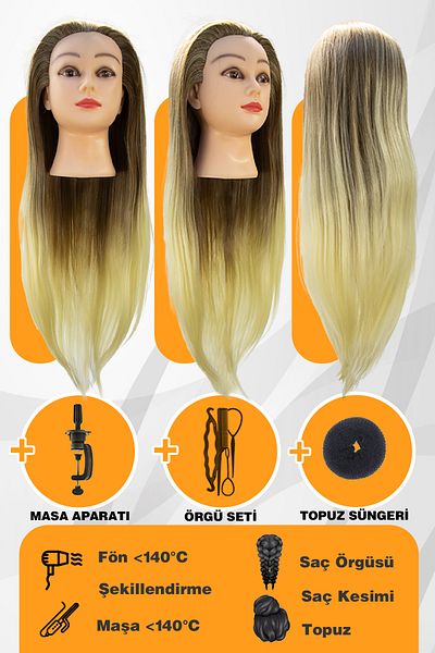 TAM TARZ Hairdresser Training Mannequin - Brown / Platinum + Table Apparatus + Knitting Set + Knob Sponge