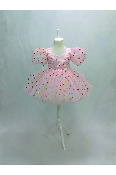 Kidstore Kız Çocuk Pembe Kelebek Desenli Tasarım Elbise