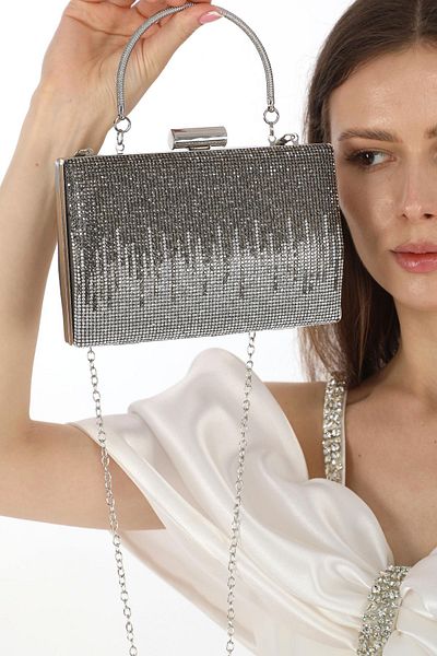 womenacs Βραδινό Clutch Διπλό Χρώμα με Πλατίνα Ασημί Πέτρα - Για Χέρι, Νύχτα, Γάμο και Αρραβώνα