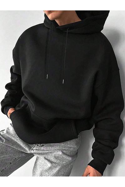 Black Sokak Men's Oversize Hooded Black Sweatshirt - Basic Plain Design