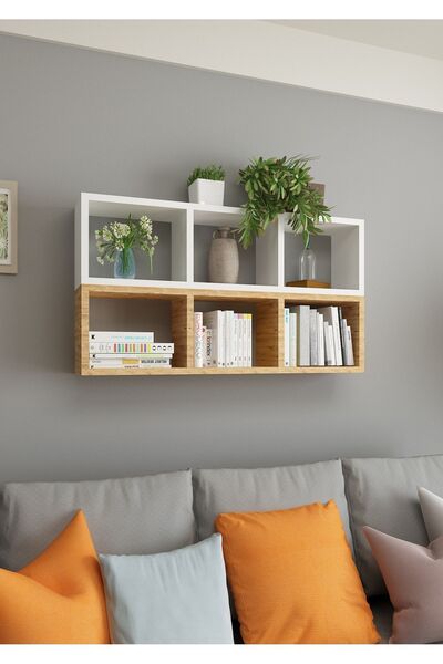 Dekormer Design Kitaplık Duvar Rafı Mobilya Ikili Renkli Takım Beyaz Atlantik...