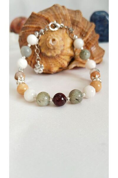 kuartz Doğal Taş Sertifikalı Bileklik. Tokluk Hissi. Garnet,ay Taşı Güneş Ve Labradorit Taşı.