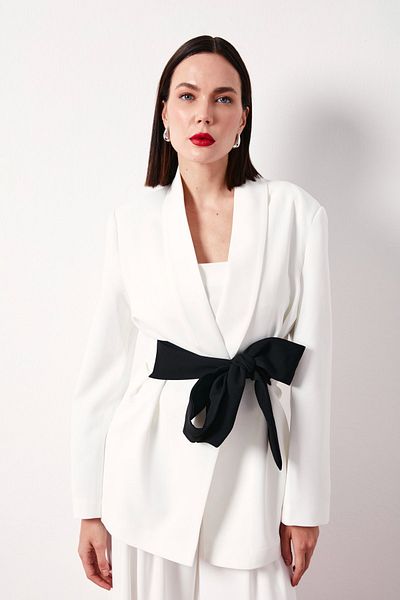 Sateen Jachetă lungă țesută ECRU - cu centură în talie