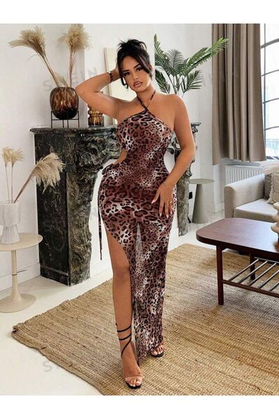 MAYHOŞ BUTİK Kadın büzgülü dekolteli leopar elbise
