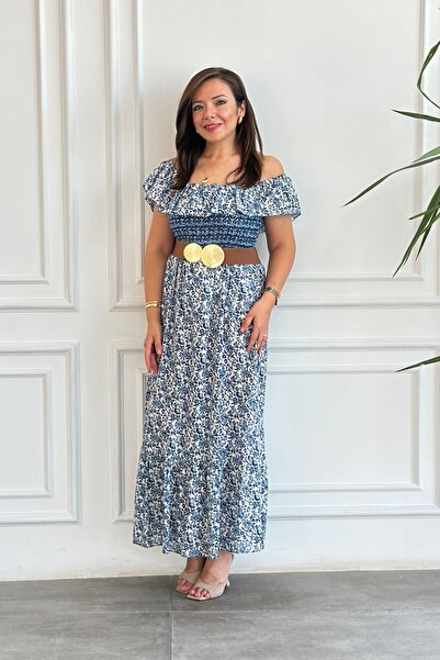 Yağmur Butik Rochie lungă cu gât barcă cu model