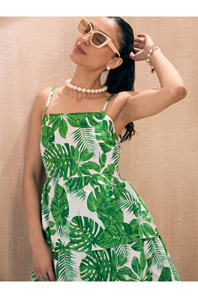 Sassafras By Styli Strappy Leaf Print Layered Frill Midi Dress