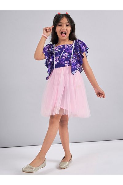 Stylo Bug By Styli Floral Print Mesh Insert Dress with Ruffled Sleeves