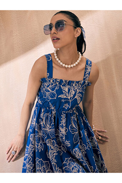 Sassafras By Styli Poplin Floral Ruffle Neck Skater Mini Dress