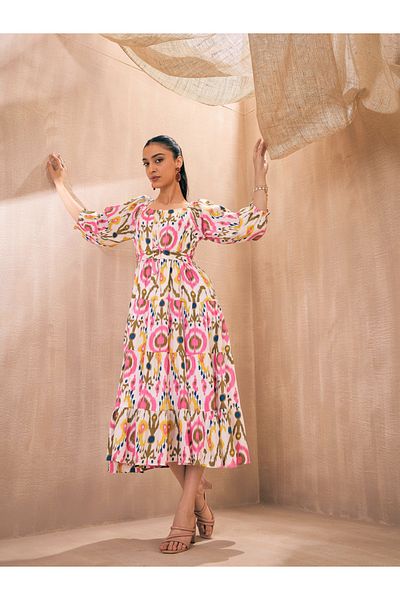 Sassafras By Styli Ikat Print Front Button Self Belt Tiered Midi Dress