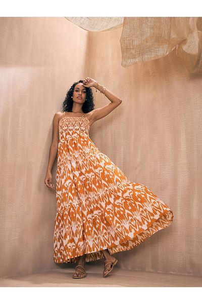 Sassafras By Styli Ikat Print Smocked Bust Tiered Maxi Dress