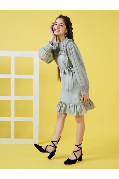 Stylo Bug By Styli Ruffled High Neck Dress with Tie Belt