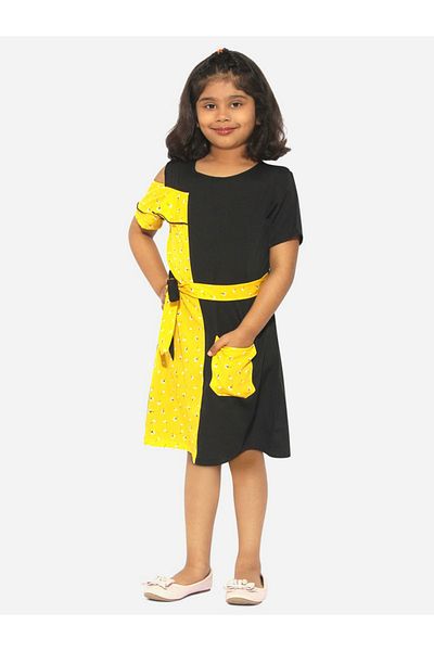 Stylo Bug By Styli Color Block Floral Print Dress with Tie Belt